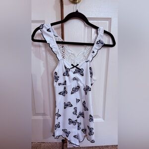 Girls Butterfly Print Romper Lace Back White Black Cute Outfit